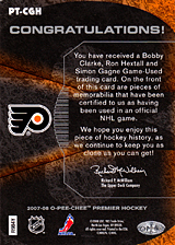 2007-2008 OPC Premier Remnants Triples PT-CGH Bobby Clarke :: Ron Hextall  :: Simon Gagne