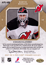 2007-2008 OPC Premier Stitchings Auto APS-MB Martin Brodeur