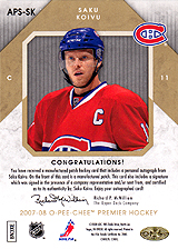 2007-2008 OPC Premier Stitchings Auto APS-SK Saku Koivu