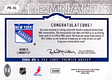 2008-2009 OPC Premier Remnants & Auto PR-HL Henrik Lundqvist