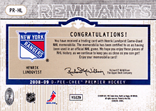 2008-2009 OPC Premier Remnants & Auto PR-HL Henrik Lundqvist