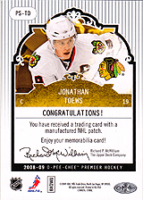 2008-2009 OPC Premier Stitchings PS-TO Jonathan Toews